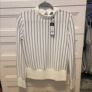 Dynamite White & Navy Striped Ribbed Mock Neck Sweater